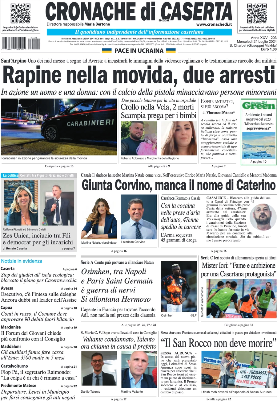 anteprima della prima pagina di cronache-di-caserta del 24/07/2024