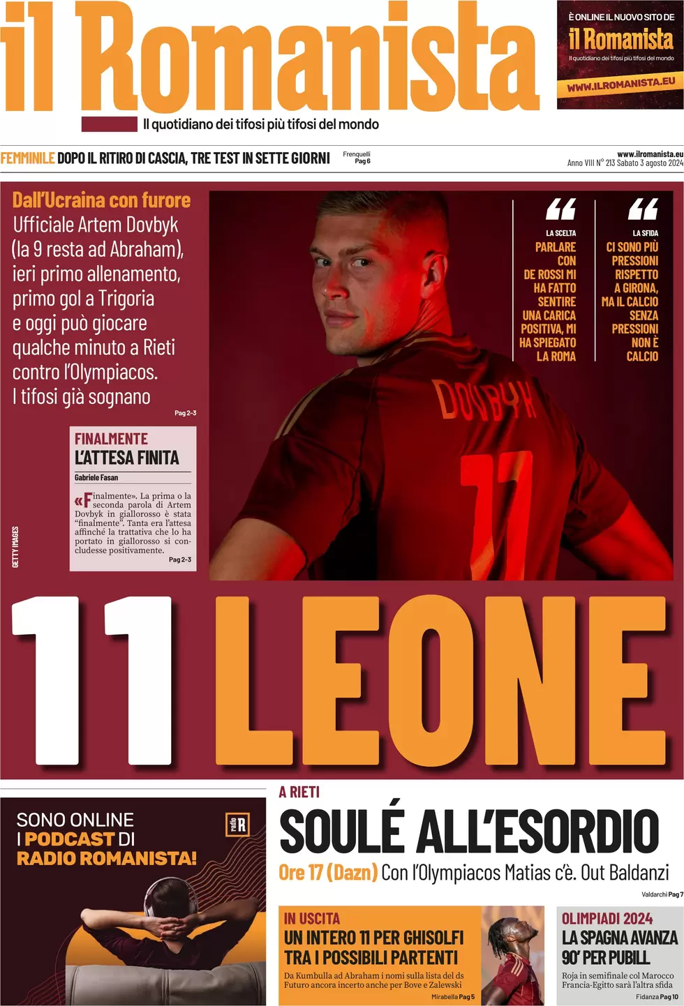 anteprima della prima pagina di il-romanista del 03/08/2024