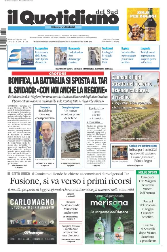 anteprima della prima pagina di il-quotidiano-del-sud-cosenza del 04/08/2024