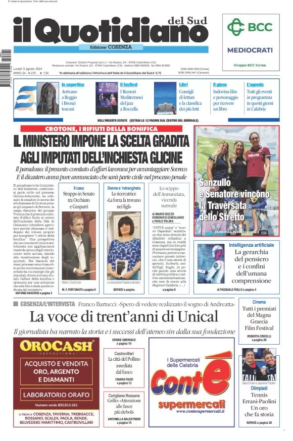 anteprima della prima pagina di il-quotidiano-del-sud-cosenza del 05/08/2024