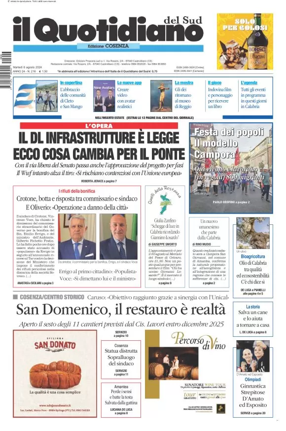 anteprima della prima pagina di il-quotidiano-del-sud-cosenza del 06/08/2024