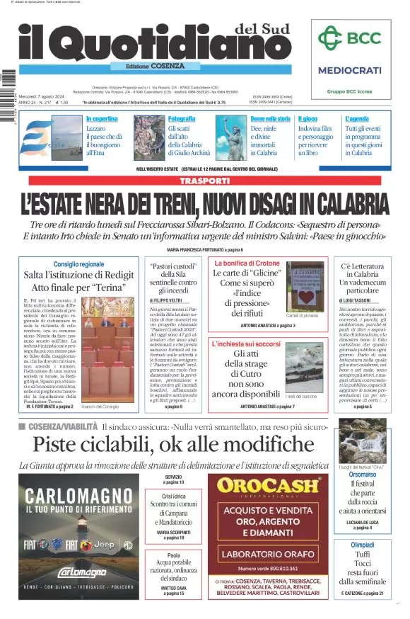 anteprima della prima pagina di il-quotidiano-del-sud-cosenza del 07/08/2024