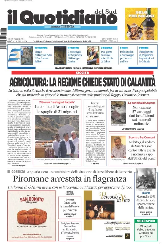 anteprima della prima pagina di il-quotidiano-del-sud-cosenza del 08/08/2024