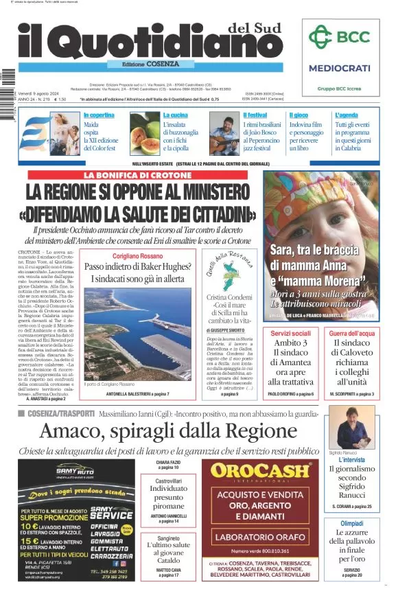 anteprima della prima pagina di il-quotidiano-del-sud-cosenza del 09/08/2024