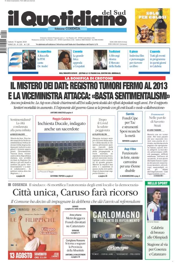 anteprima della prima pagina di il-quotidiano-del-sud-cosenza del 10/08/2024