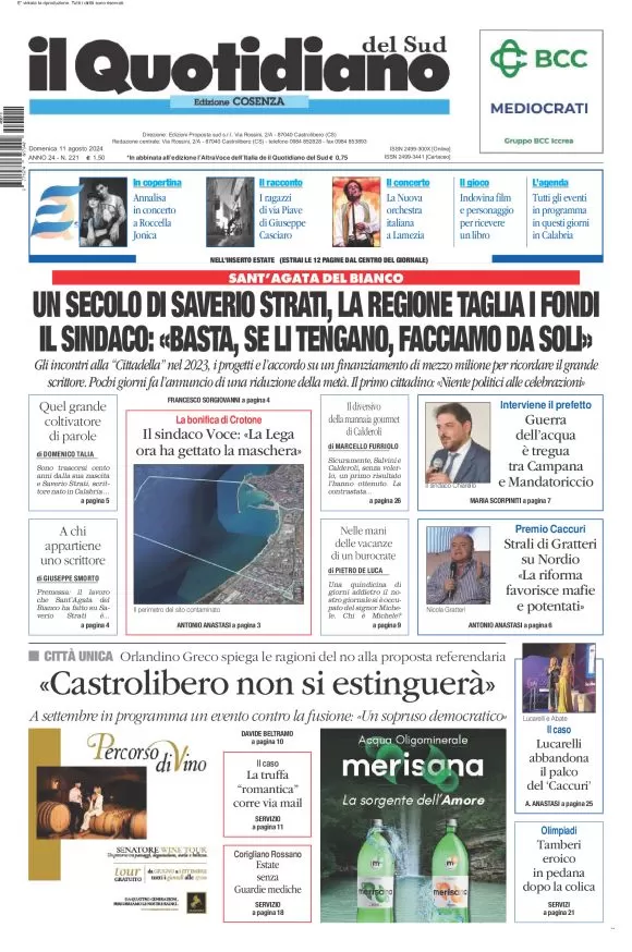 anteprima della prima pagina di il-quotidiano-del-sud-cosenza del 11/08/2024