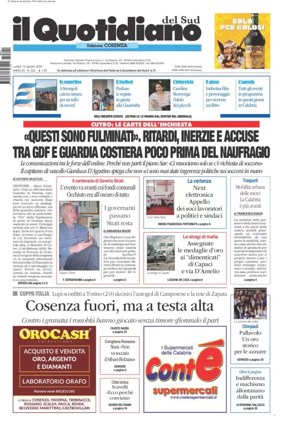 anteprima della prima pagina di il-quotidiano-del-sud-cosenza del 12/08/2024