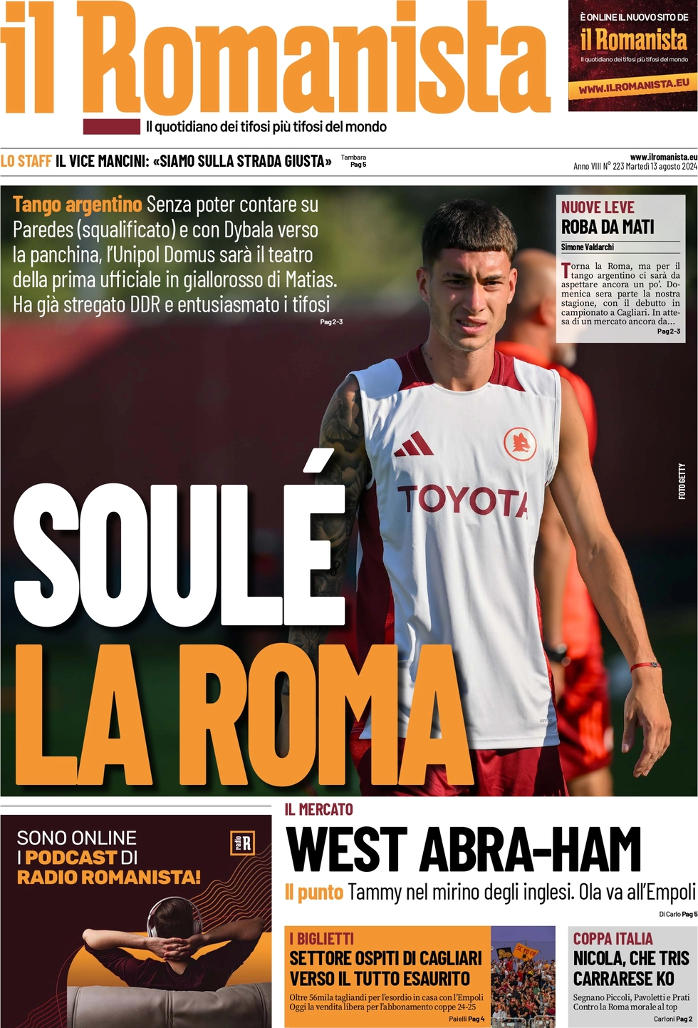 anteprima della prima pagina di il-romanista del 13/08/2024