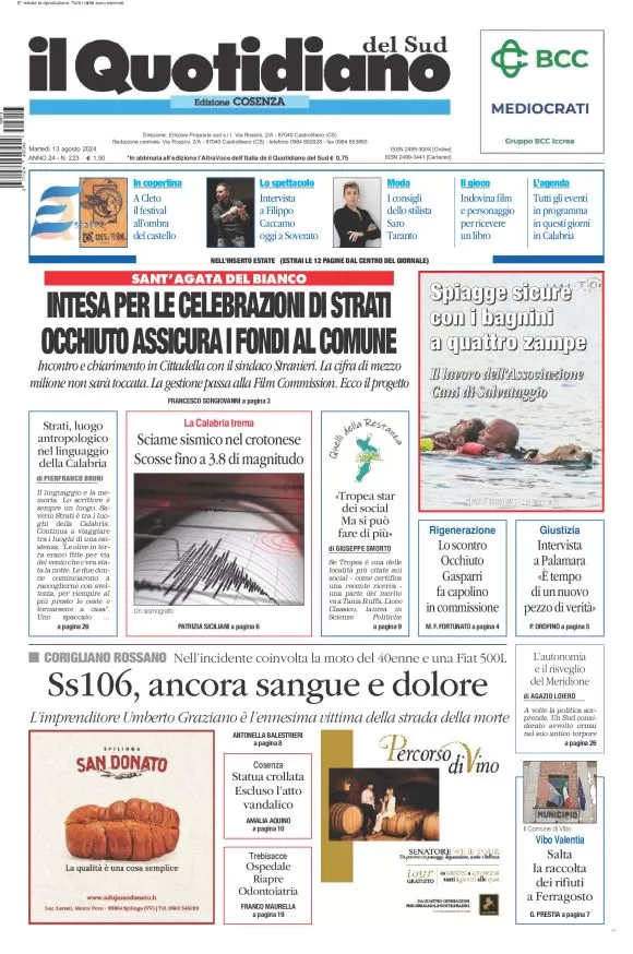 anteprima della prima pagina di il-quotidiano-del-sud-cosenza del 13/08/2024