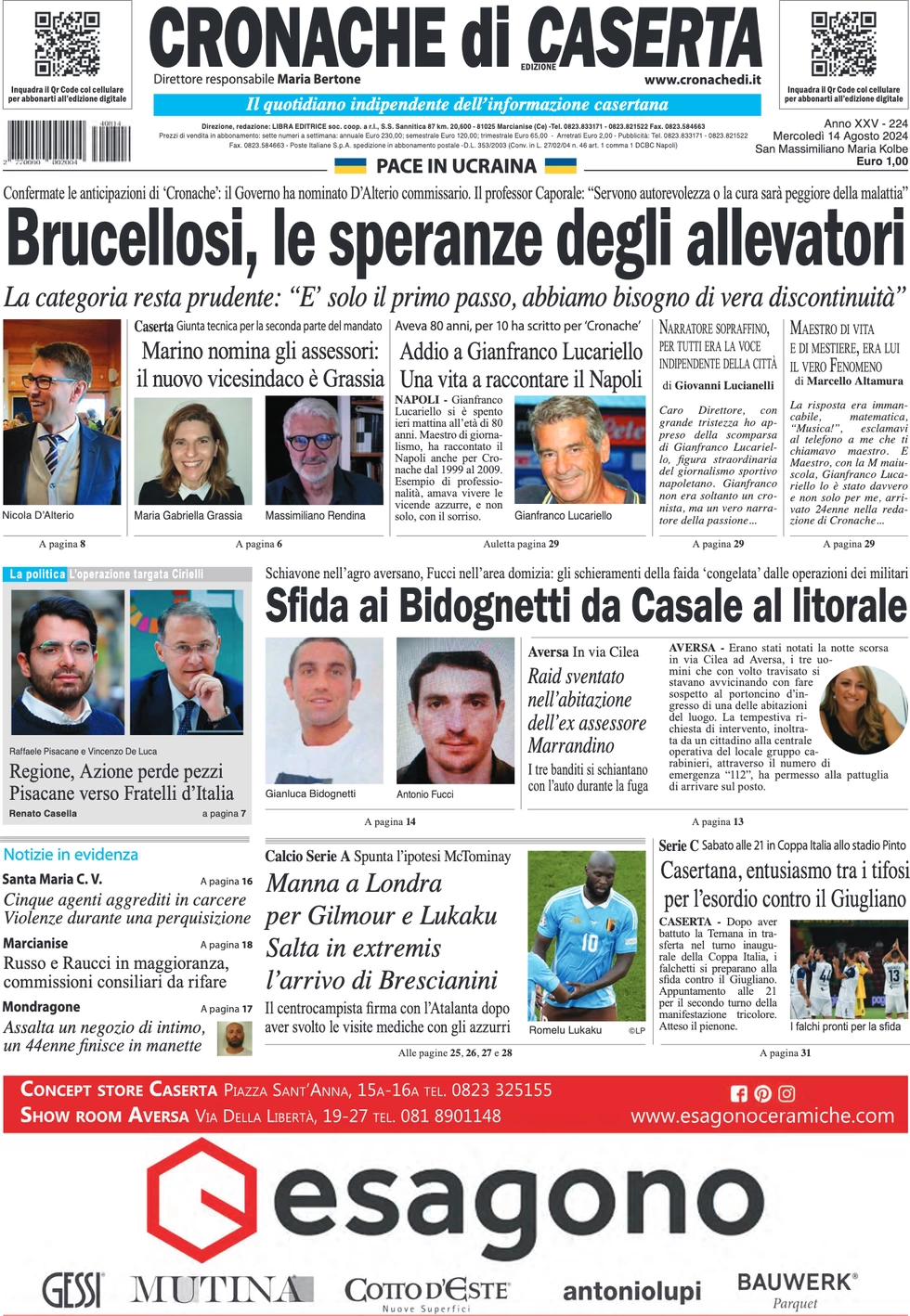 anteprima della prima pagina di cronache-di-caserta del 14/08/2024
