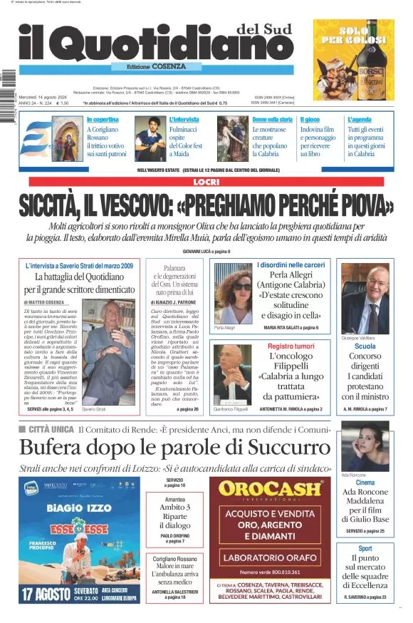 anteprima della prima pagina di il-quotidiano-del-sud-cosenza del 14/08/2024