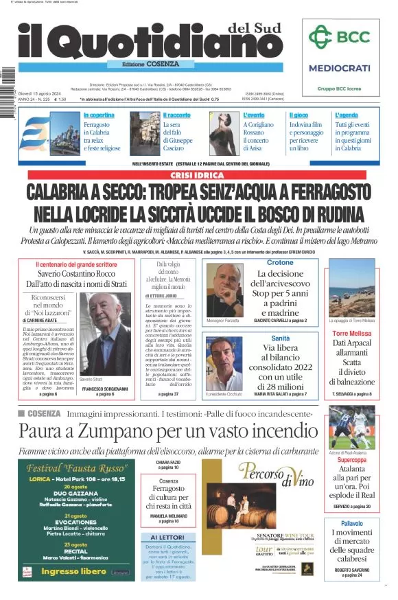 anteprima della prima pagina di il-quotidiano-del-sud-cosenza del 15/08/2024