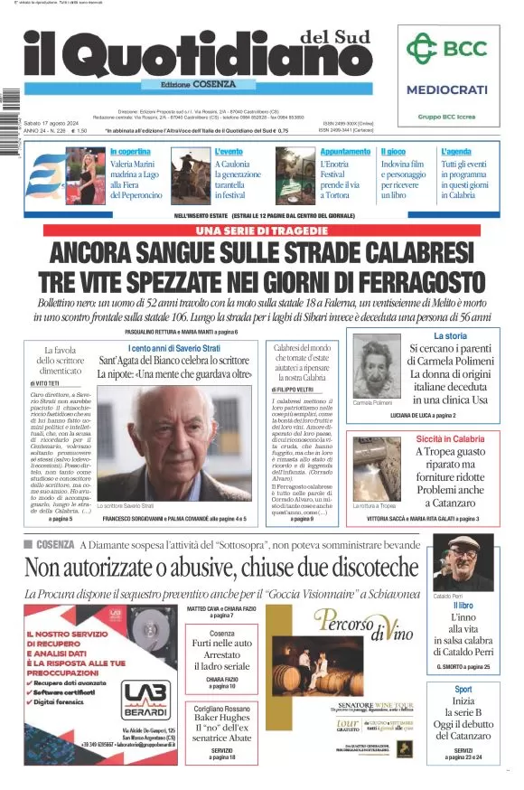 anteprima della prima pagina di il-quotidiano-del-sud-cosenza del 17/08/2024