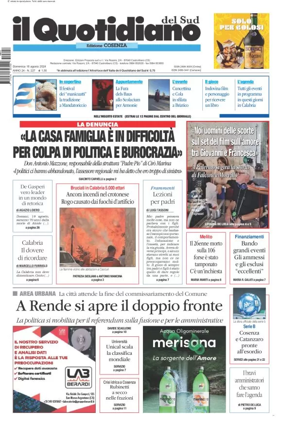 anteprima della prima pagina di il-quotidiano-del-sud-cosenza del 18/08/2024