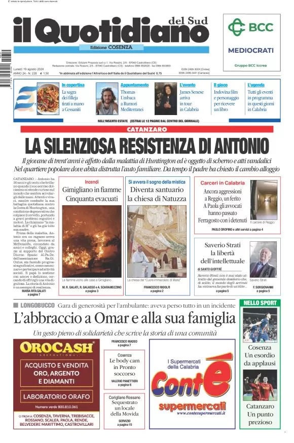 anteprima della prima pagina di il-quotidiano-del-sud-cosenza del 19/08/2024