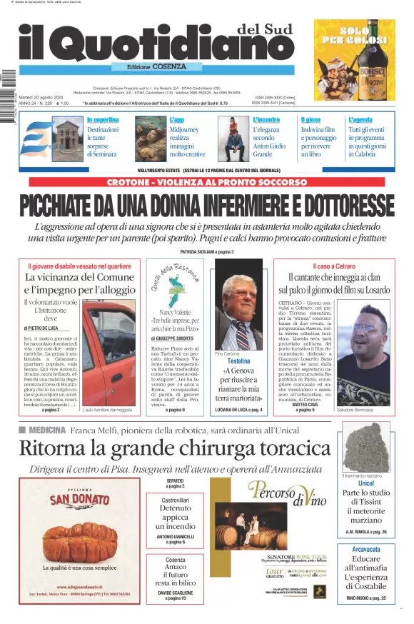 anteprima della prima pagina di il-quotidiano-del-sud-cosenza del 20/08/2024