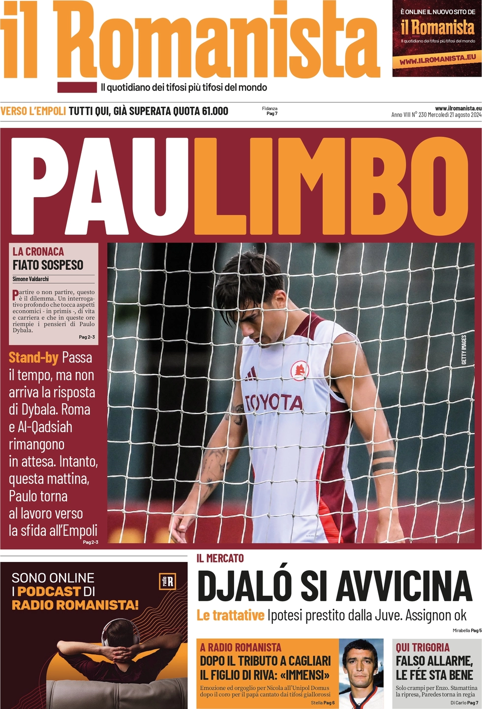 anteprima della prima pagina di il-romanista del 21/08/2024