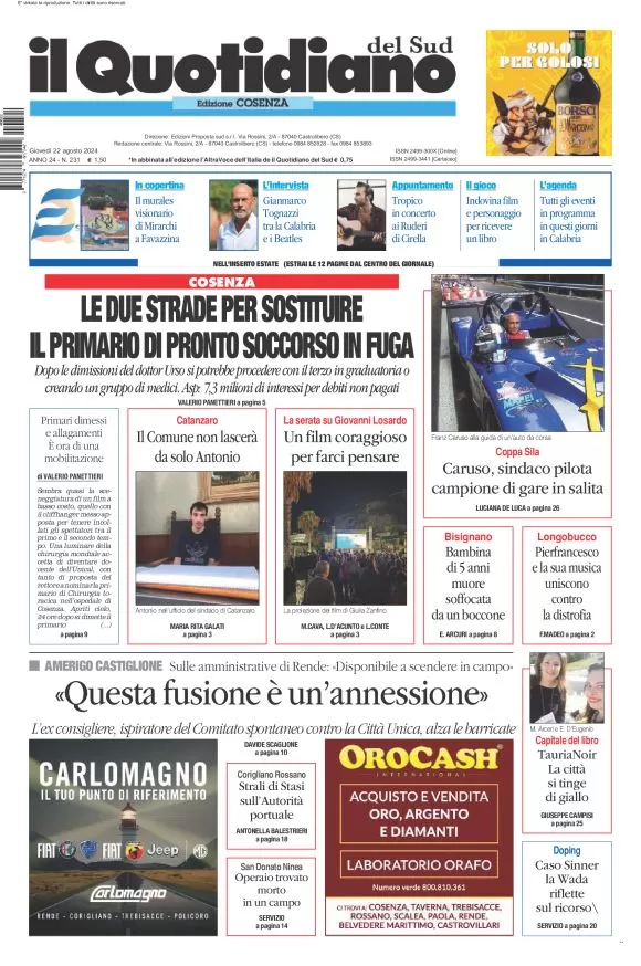 anteprima della prima pagina di il-quotidiano-del-sud-cosenza del 22/08/2024