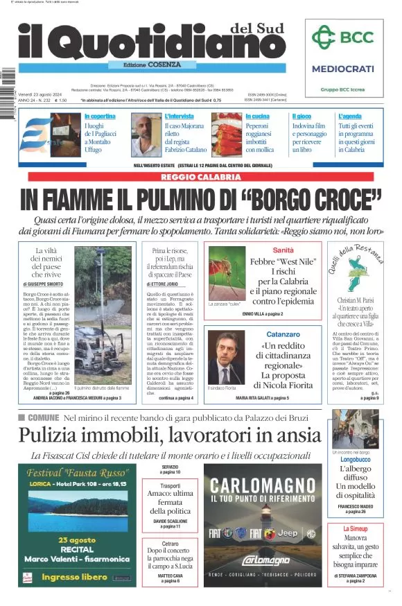 anteprima della prima pagina di il-quotidiano-del-sud-cosenza del 23/08/2024