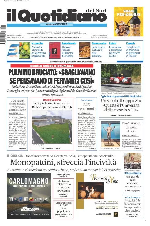 anteprima della prima pagina di il-quotidiano-del-sud-cosenza del 24/08/2024