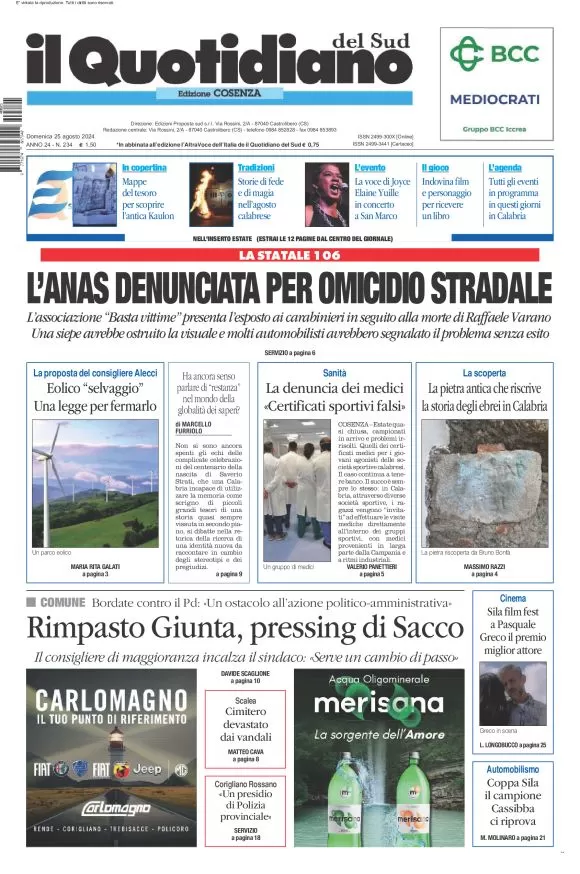 anteprima della prima pagina di il-quotidiano-del-sud-cosenza del 25/08/2024