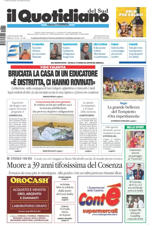 anteprima della prima pagina di il-quotidiano-del-sud-cosenza del 26/08/2024