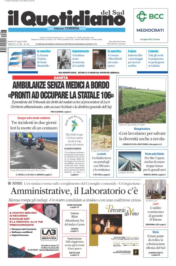 anteprima della prima pagina di il-quotidiano-del-sud-cosenza del 27/08/2024