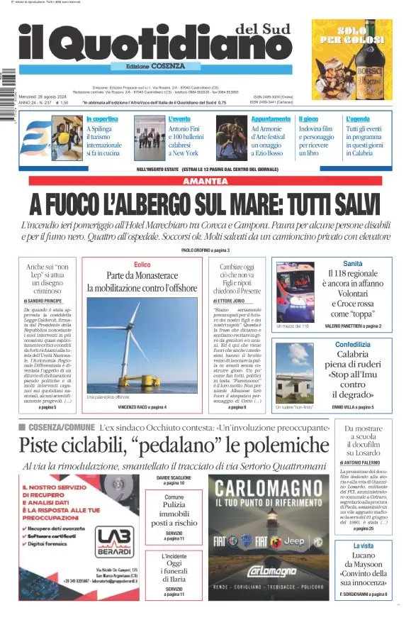 anteprima della prima pagina di il-quotidiano-del-sud-cosenza del 28/08/2024