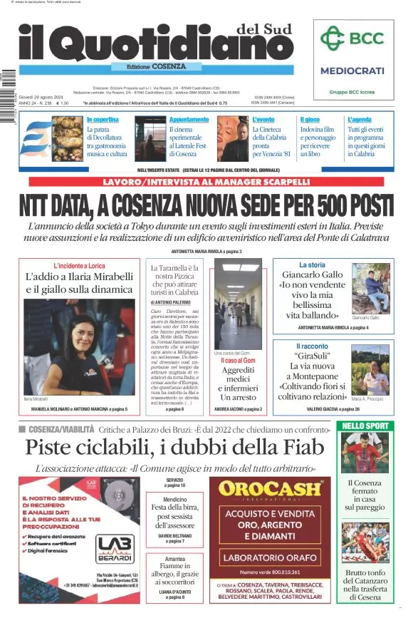 anteprima della prima pagina di il-quotidiano-del-sud-cosenza del 29/08/2024