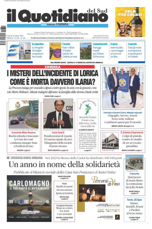 anteprima della prima pagina di il-quotidiano-del-sud-cosenza del 30/08/2024