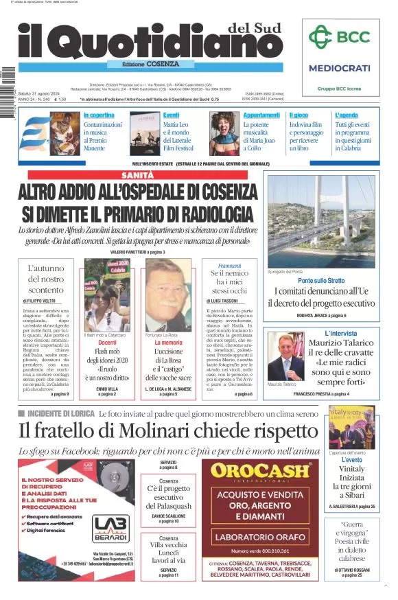 anteprima della prima pagina di il-quotidiano-del-sud-cosenza del 31/08/2024