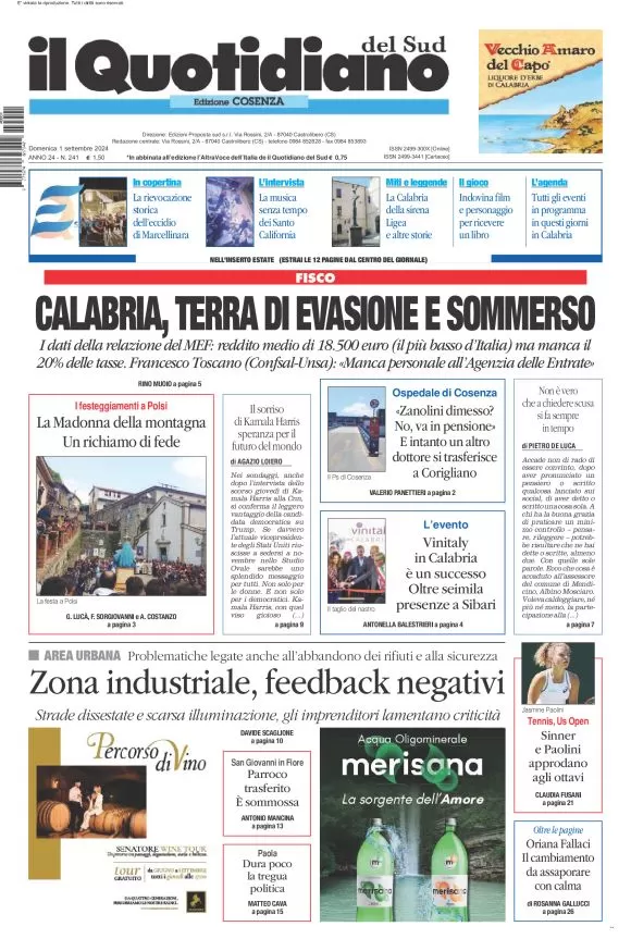 anteprima della prima pagina di il-quotidiano-del-sud-cosenza del 01/09/2024