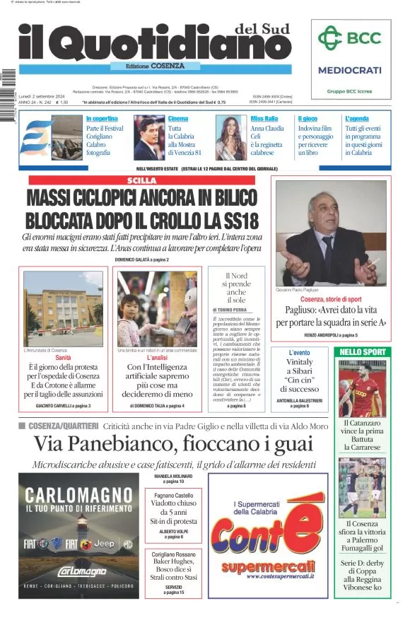 anteprima della prima pagina di il-quotidiano-del-sud-cosenza del 02/09/2024