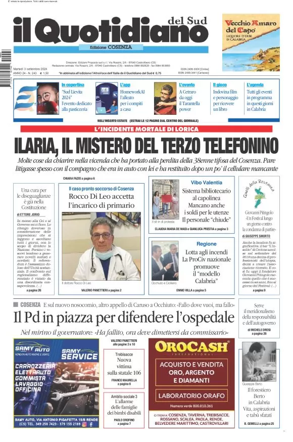 anteprima della prima pagina di il-quotidiano-del-sud-cosenza del 03/09/2024