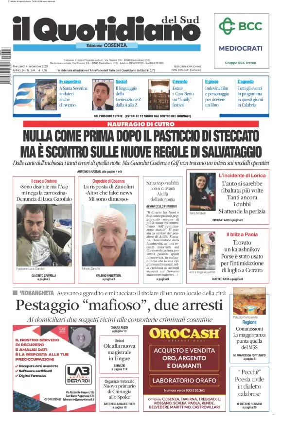 anteprima della prima pagina di il-quotidiano-del-sud-cosenza del 04/09/2024