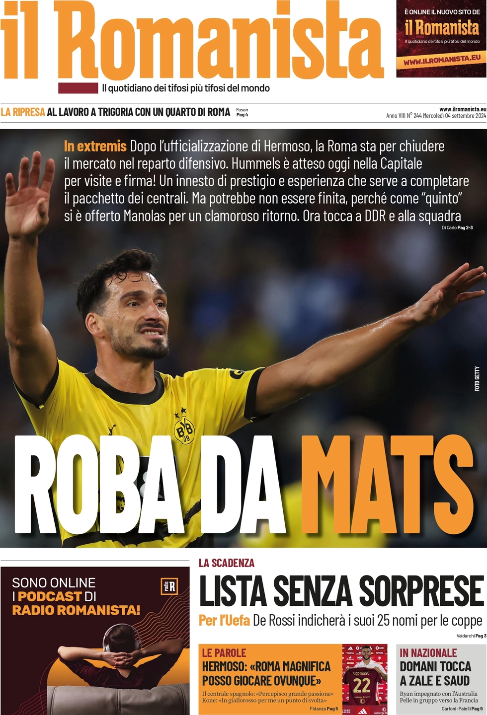 anteprima della prima pagina di il-romanista del 04/09/2024