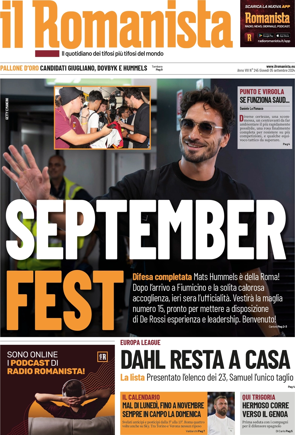 anteprima della prima pagina di il-romanista del 05/09/2024