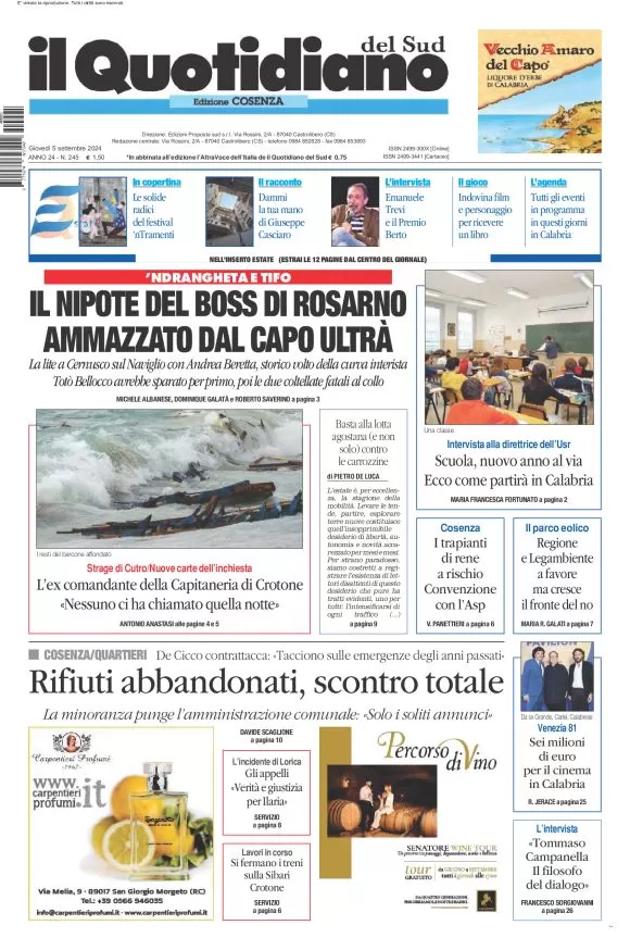 anteprima della prima pagina di il-quotidiano-del-sud-cosenza del 05/09/2024