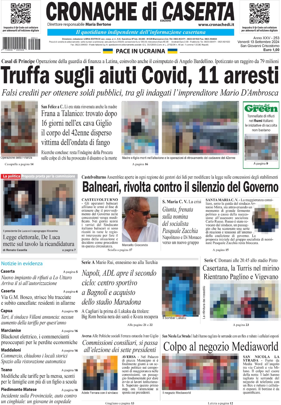 anteprima della prima pagina di cronache-di-caserta del 13/09/2024