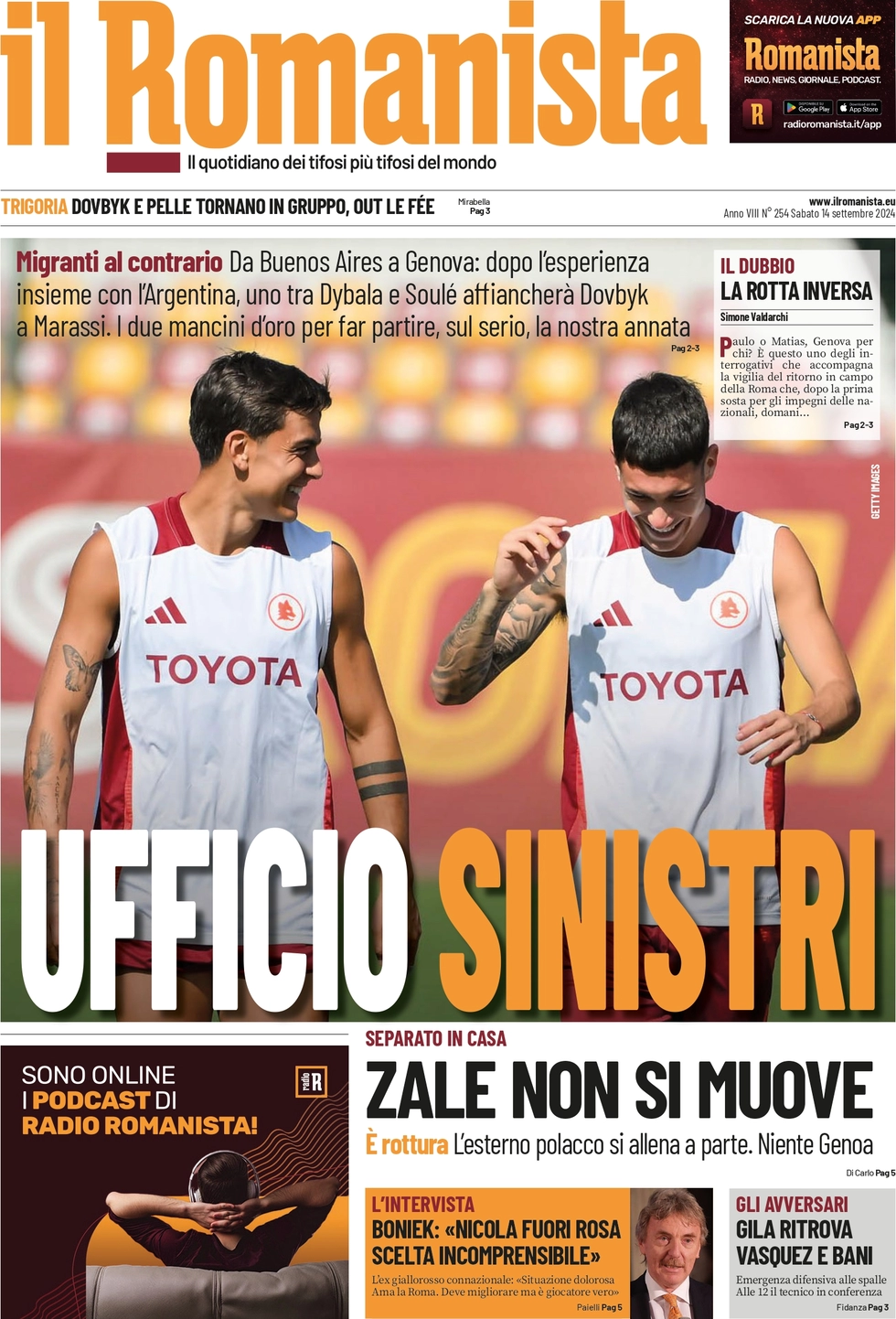 anteprima della prima pagina di il-romanista del 14/09/2024