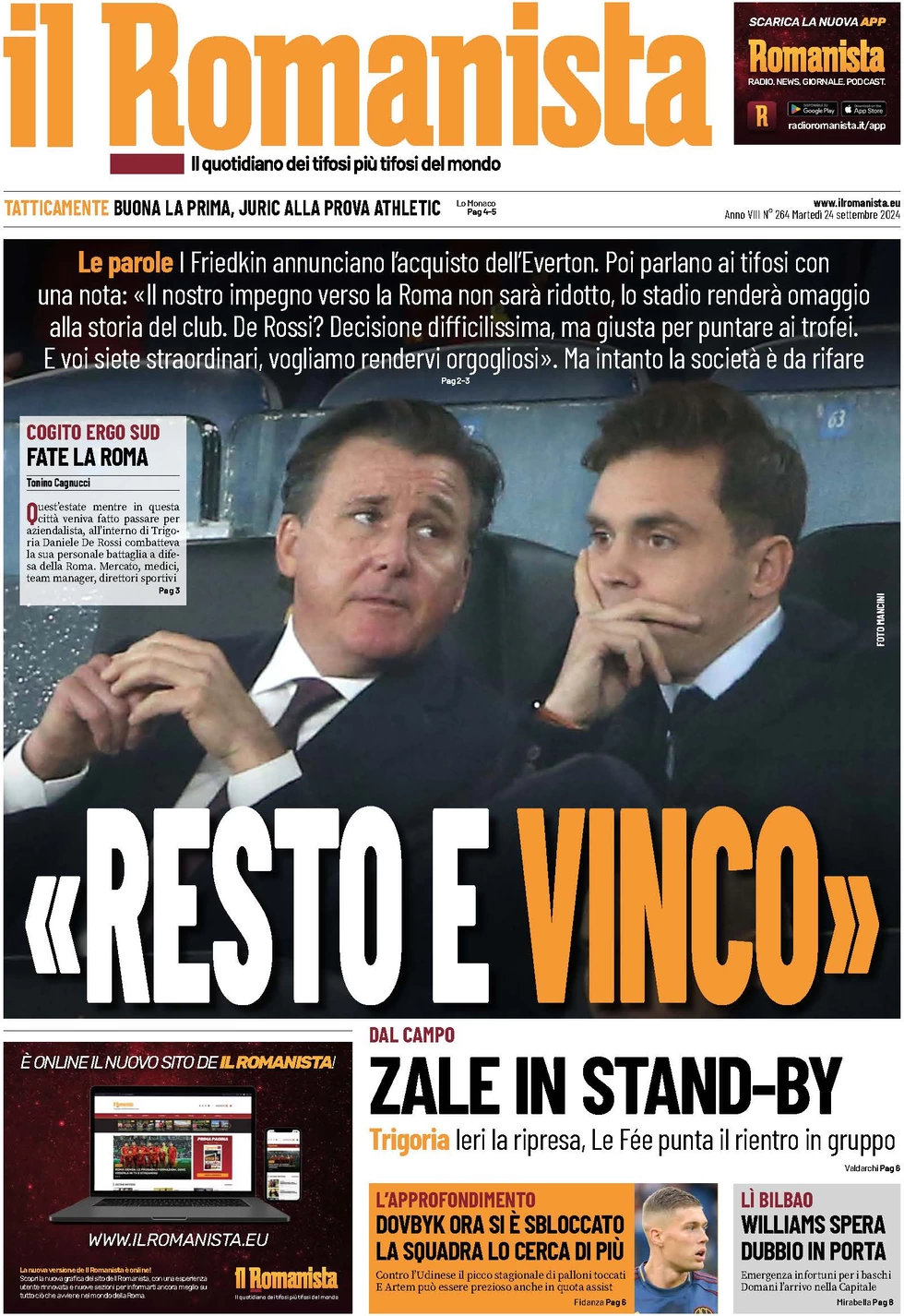 anteprima della prima pagina di il-romanista del 24/09/2024