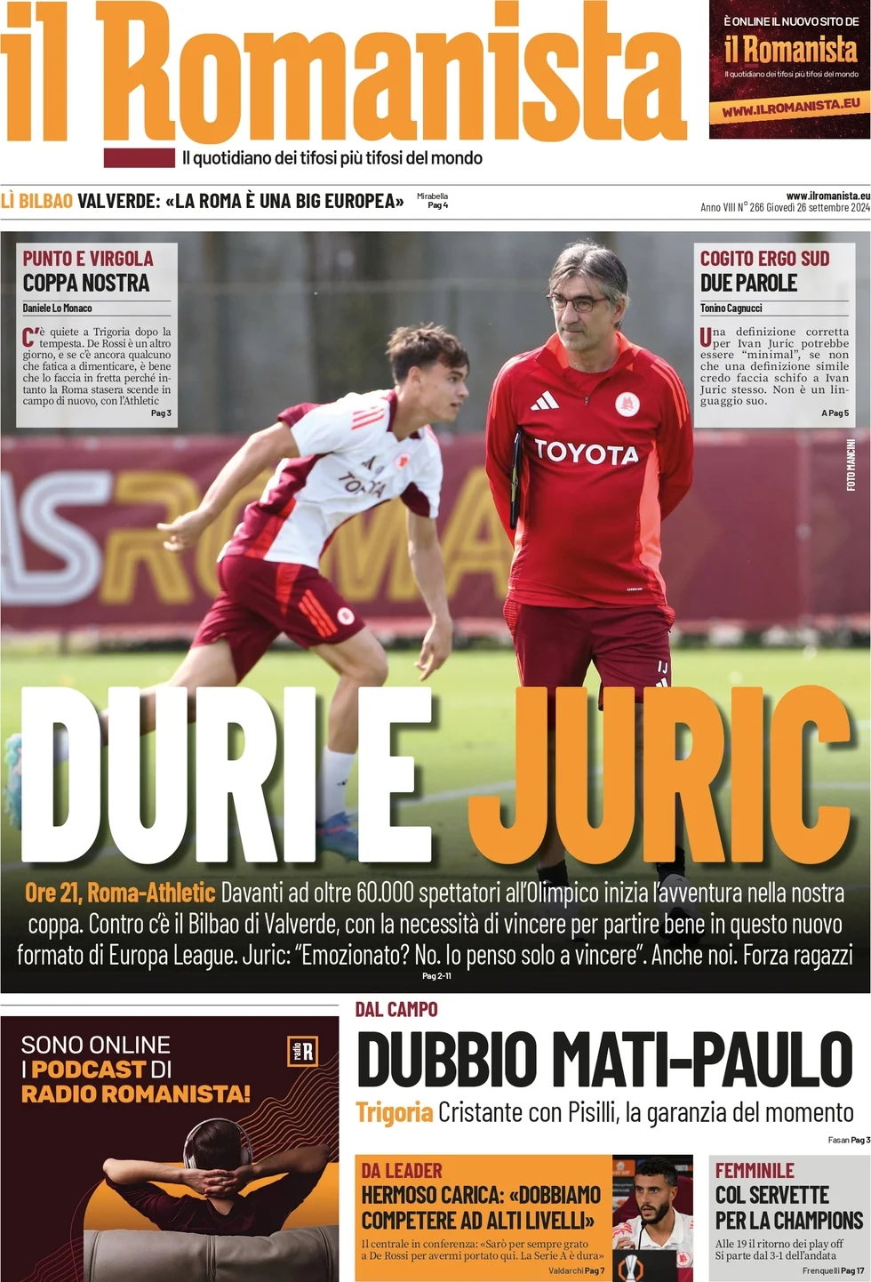 anteprima della prima pagina di il-romanista del 26/09/2024