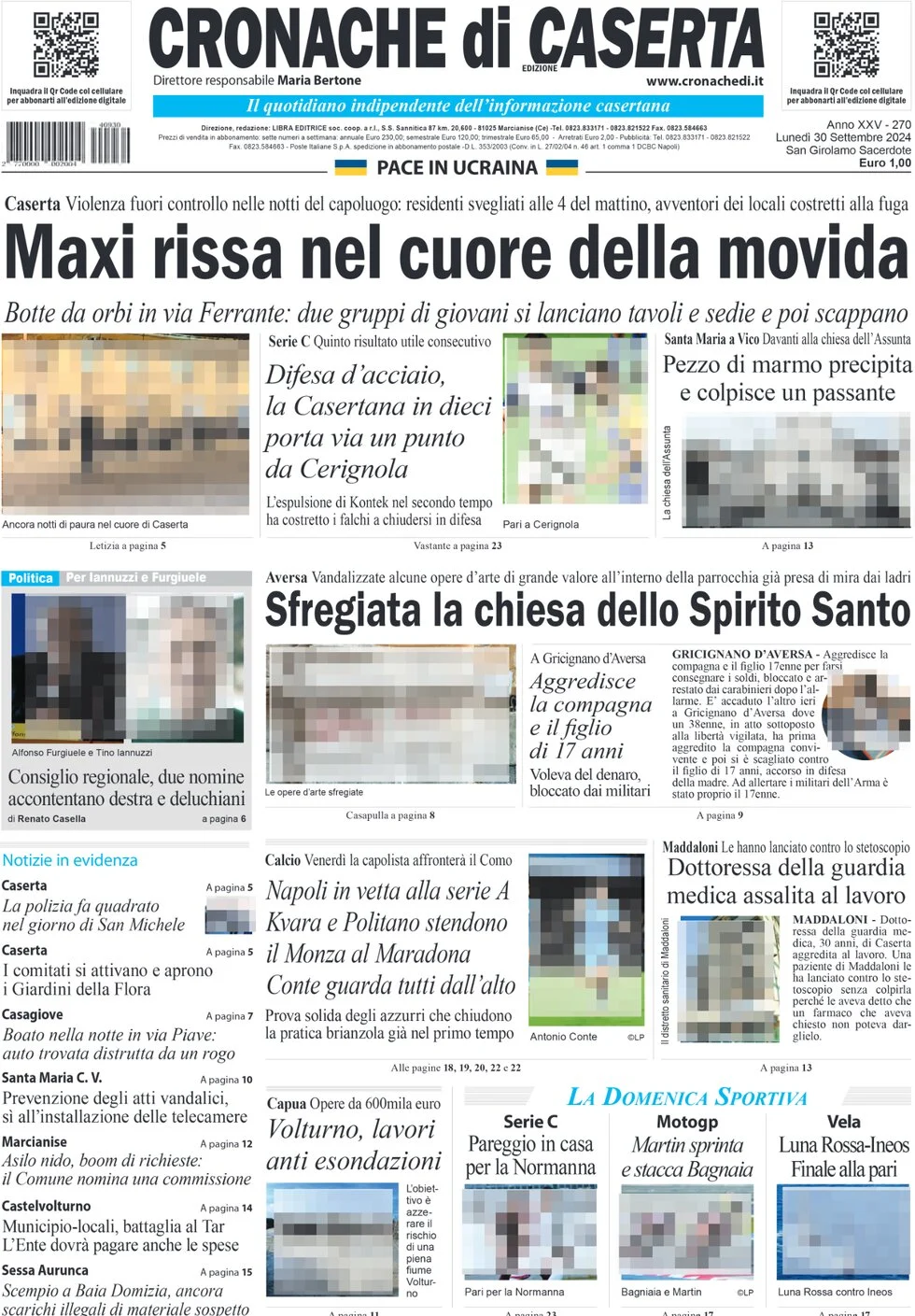 anteprima della prima pagina di cronache-di-caserta del 30/09/2024