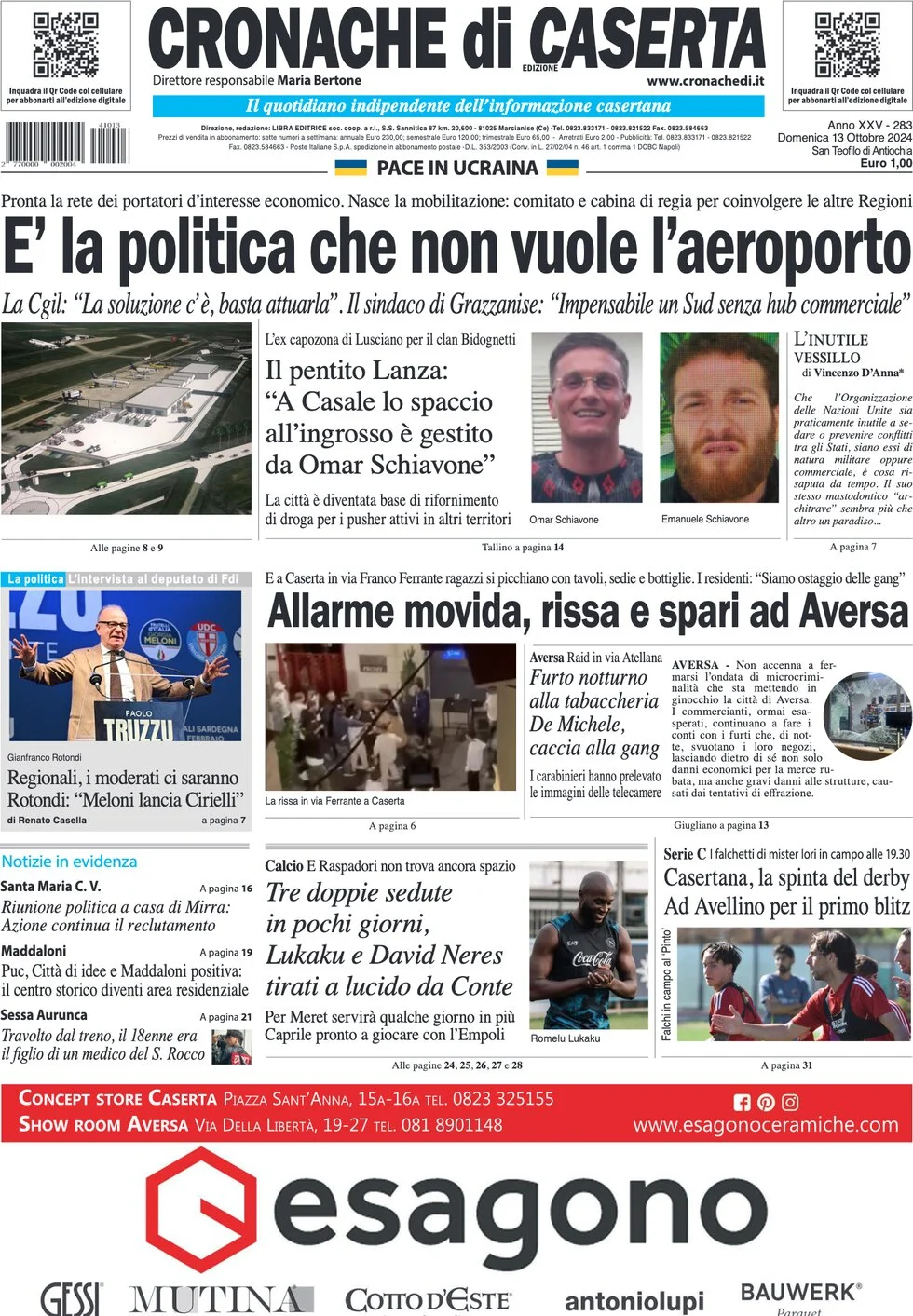 anteprima della prima pagina di cronache-di-caserta del 13/10/2024