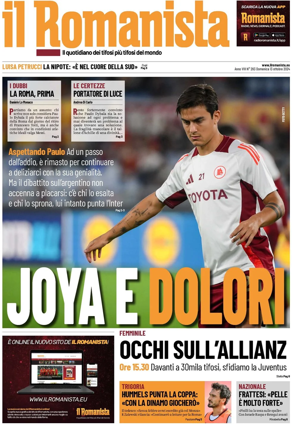 anteprima della prima pagina di il-romanista del 13/10/2024