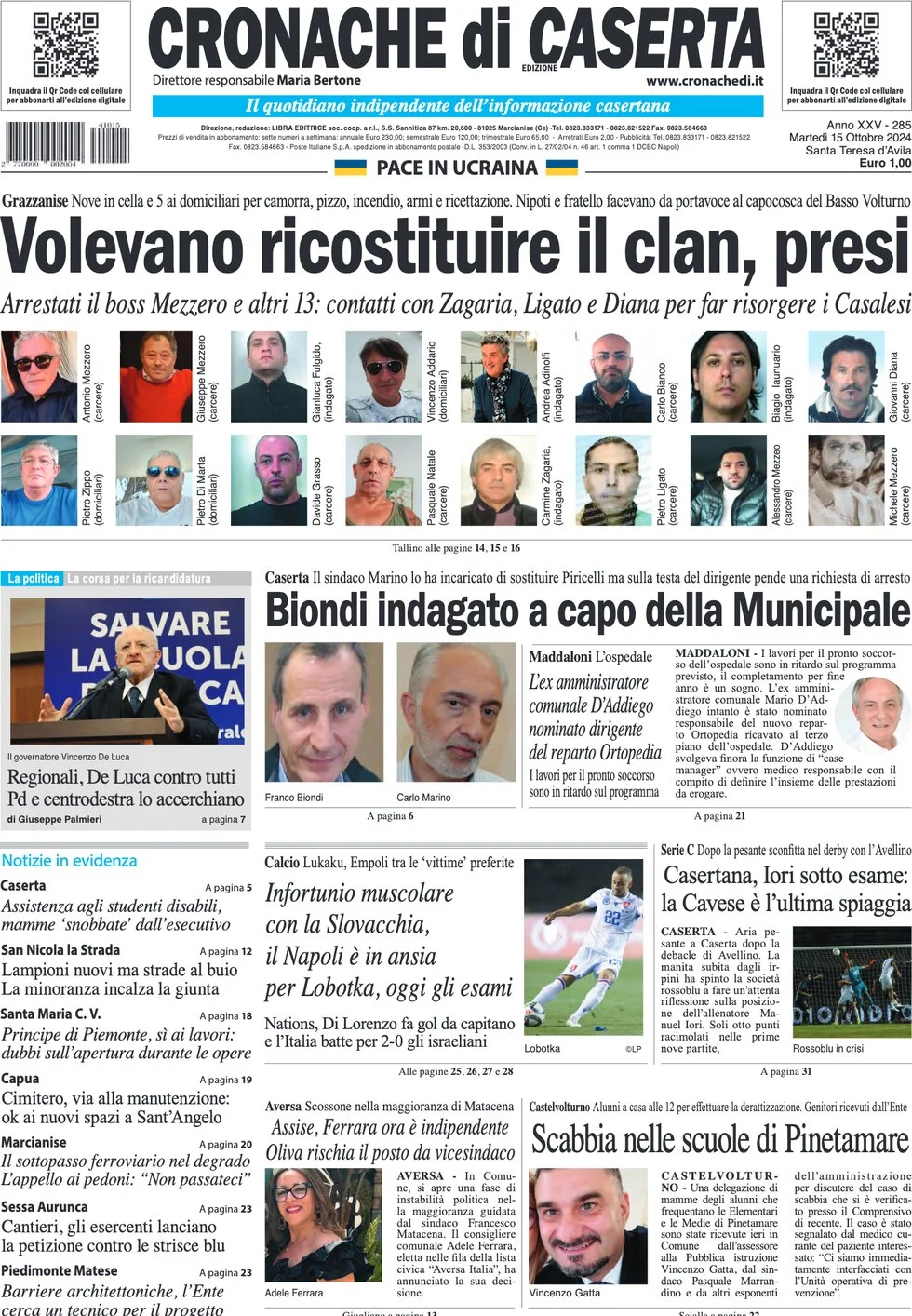 anteprima della prima pagina di cronache-di-caserta del 15/10/2024