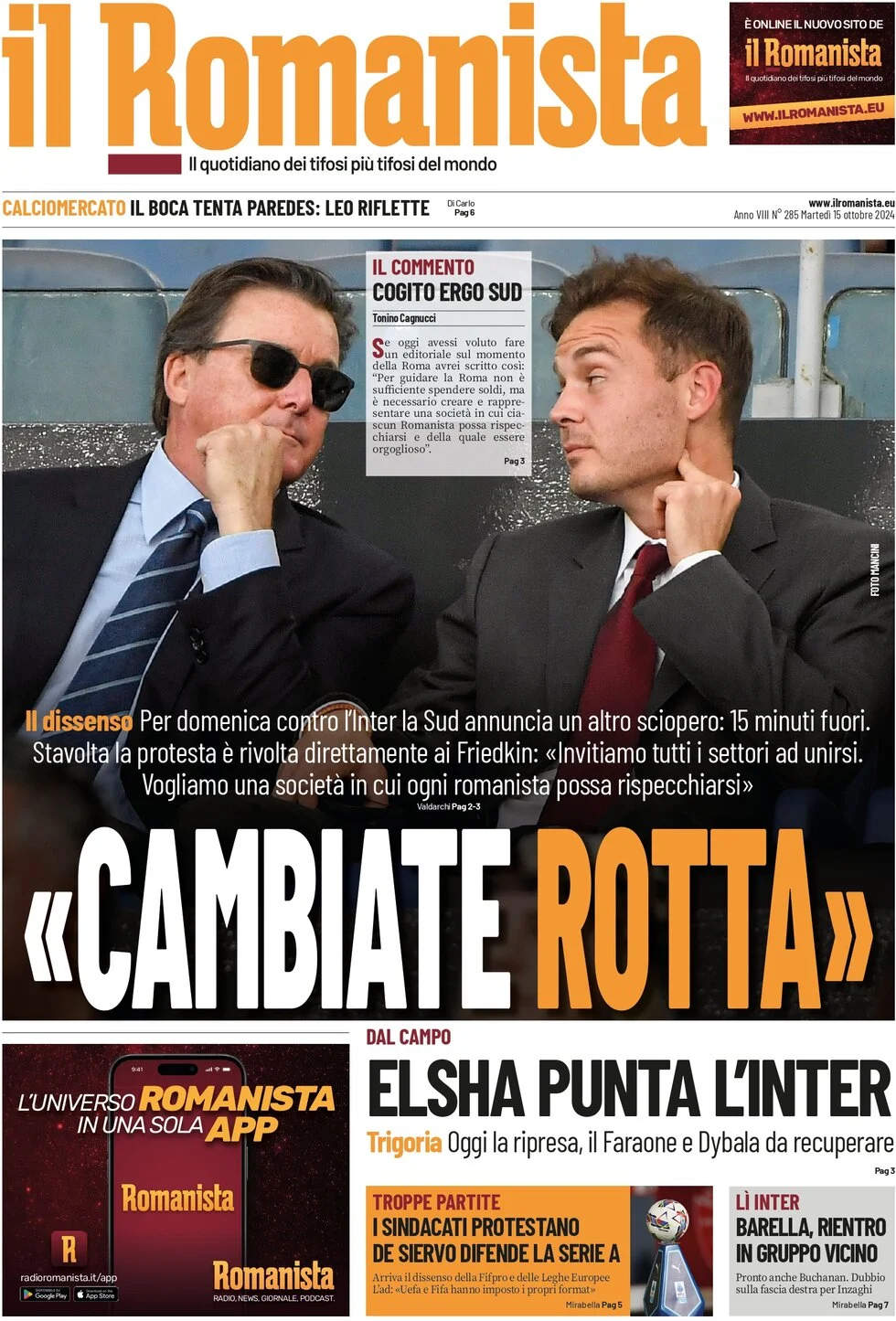 anteprima della prima pagina di il-romanista del 15/10/2024