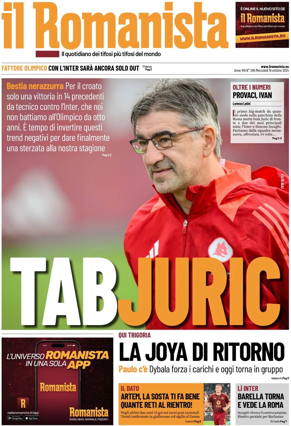 anteprima della prima pagina di il-romanista del 16/10/2024