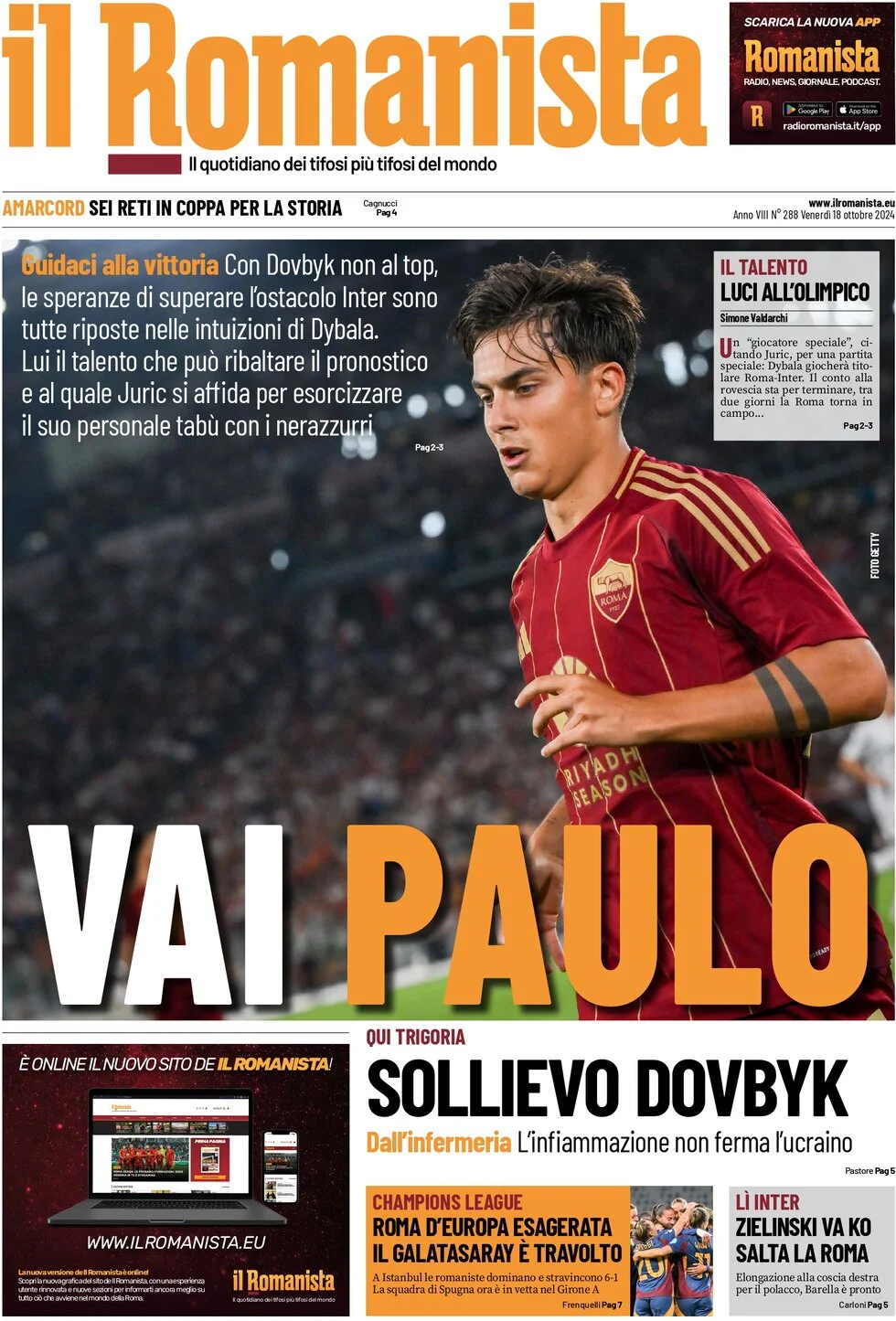 anteprima della prima pagina di il-romanista del 18/10/2024