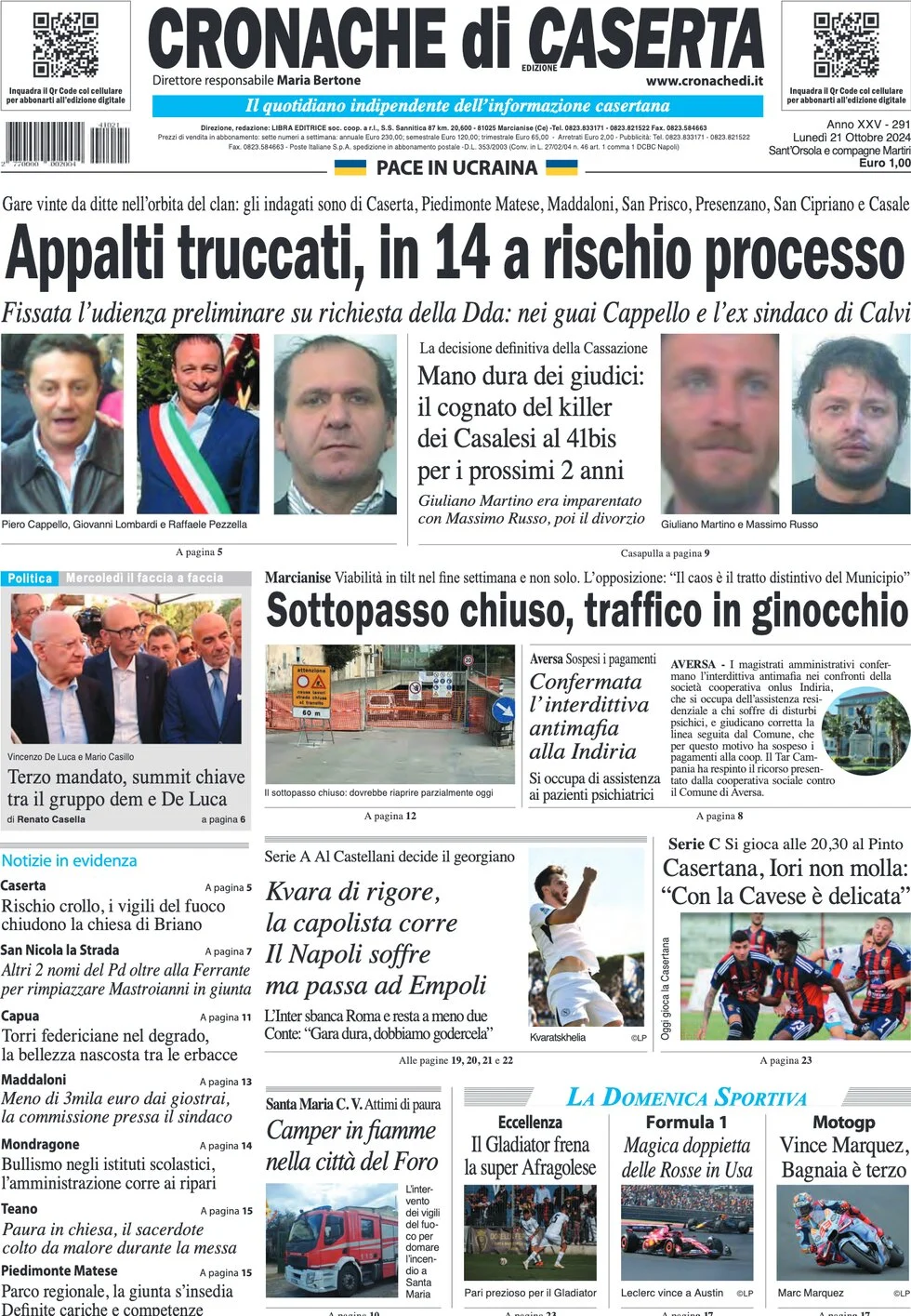 anteprima della prima pagina di cronache-di-caserta del 21/10/2024